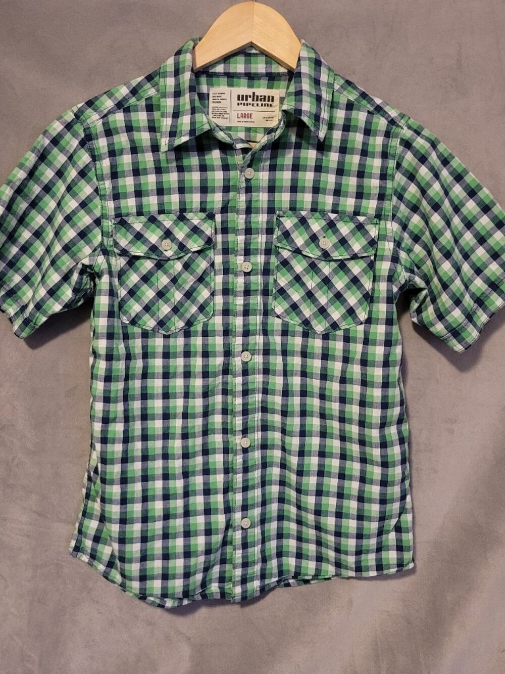 Urban Pipeline Button Up Short Sleeve Shirt Boys Large Green Blue White Plaid